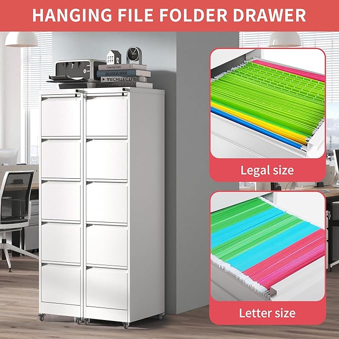 IKIMI 5 Drawer File Cabinet with Wheels,Metal Mobile Filing Cabinets with Lock,Vertical File Cabinet for Home Office,Heavy Duty Storage Cabinet for A4/Letter/Legal Size File,Assembly Required