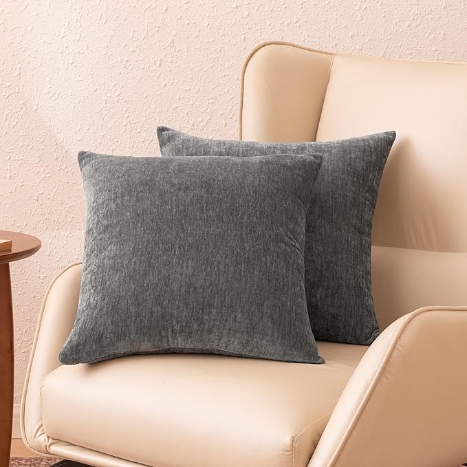 Amazon Basics Chenille Throw Pillow Covers, Home Decor Cushion Cover for Bedroom Living Room Couch Bed, 22" W × 22" L, Dark Gray