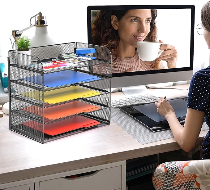 Vanulee 2 Pack Legal/A4/Letter Size Desk Paper Organizer Desktop File Organizer Document Sorter, 5 Tier Mesh Letter Tray File Folder Holder Office Accessories Organization
