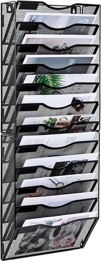 Solinxe Wall File Holder, 12 Pockets Hanging File Folder, Paper Organizer Storage, Document Rack, Mail Holder, Magazine Rack, Wall Organizer for Office, Black