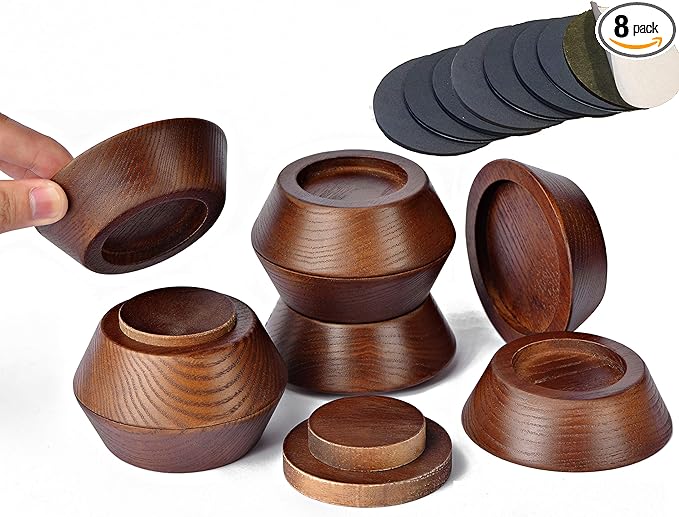 FASONLA Bed Risers, Furniture Risers (Set of 8-Height 1") Can be Adjusted to 2'' 3''or 4'', Lifts Furniture Risers, Solid Natural Wood Risers, Non-Slip Recessed Hole (Walnut Color)