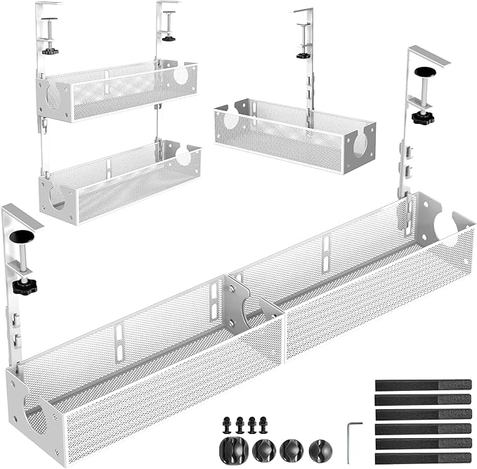 Multi-Model Under Desk Cable Management Tray 2 Packs Metal Under Desk Wire Management Clamp Mount Under Table Cord Management No Damage The Desk (White)