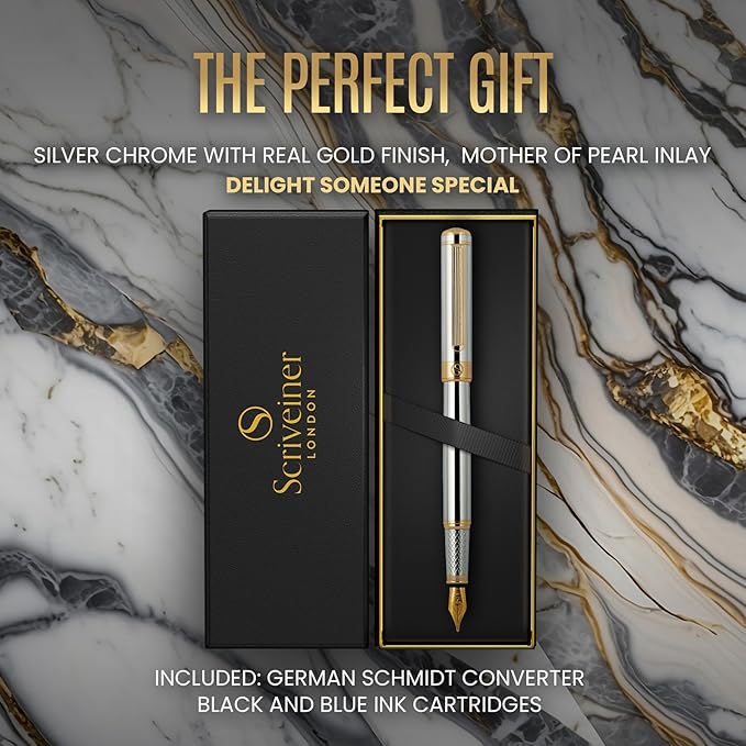 Scriveiner Silver Chrome Fountain Pen - Stunning Luxury Pen, Real Gold Finish, Schmidt Gilded Nib (Broad), Best Gift Set for Men & Women, Professional, Executive Office, Nice Designer Pens