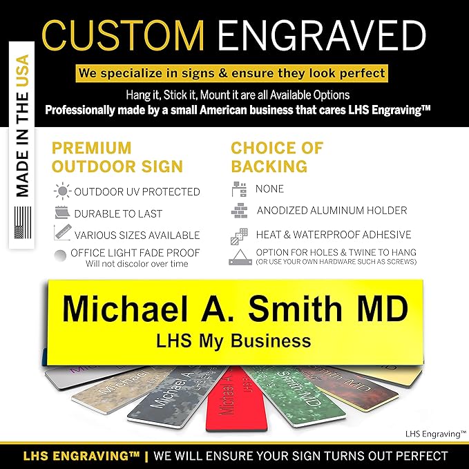 Personalized Name Plate with Choice of Mounting Holders for Walls, Doors, Cubicles, Hanging and More - Custom Yellow Plastic Black Letters - USA Made 2x12 - B4
