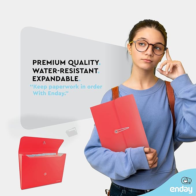 Accordion File Organizer Red, 7 Pocket Expanding File and Cover Folder with Labels, Plastic Portable Desktop Letter A4 Paper, Also Available in Purple, Green, Pink, Blue, Grey, 1 Pc – by Enday