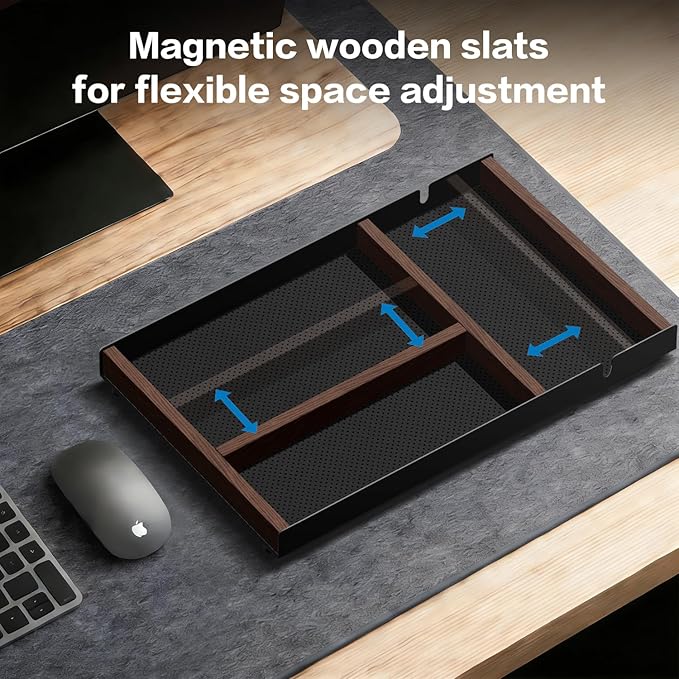 Laetass Desk Drawer Organizer Tray With Removable Magnetic Wooden Strip,Freely Adjustable Space,Made of Aluminum and Walnut,Valet Tray for Mens,Desk Accessories for Office/Home/Nightstand