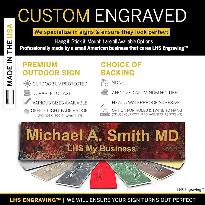Custom Name Plate for Doors, with Choice of Mounting Holders for Walls, Doors, Cubicles, Hanging and More - Personalized Rustico Granite Plastic Gold Letters - USA Made 2x6 - S7