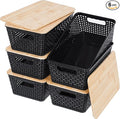 Anywish Storage Bins with Lids 6 Packs, Plastic Storage Bins with Bamboo Lids for Pantry Organization and Storage Containers for Shelves Drawers Desktop Closet Office Home, Black