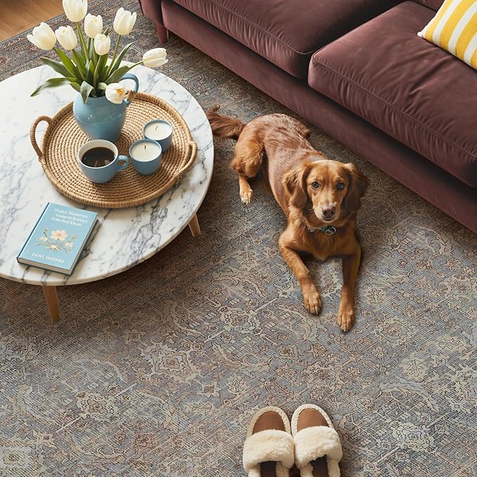GENIMO 8x10 Area Rugs for Living Room, Machine Washable Non Slip Vintage Rugs, Low Pile Lightweight Chenille Print Rug for Bedroom, Dining Room, Home Office, Grayish Blue