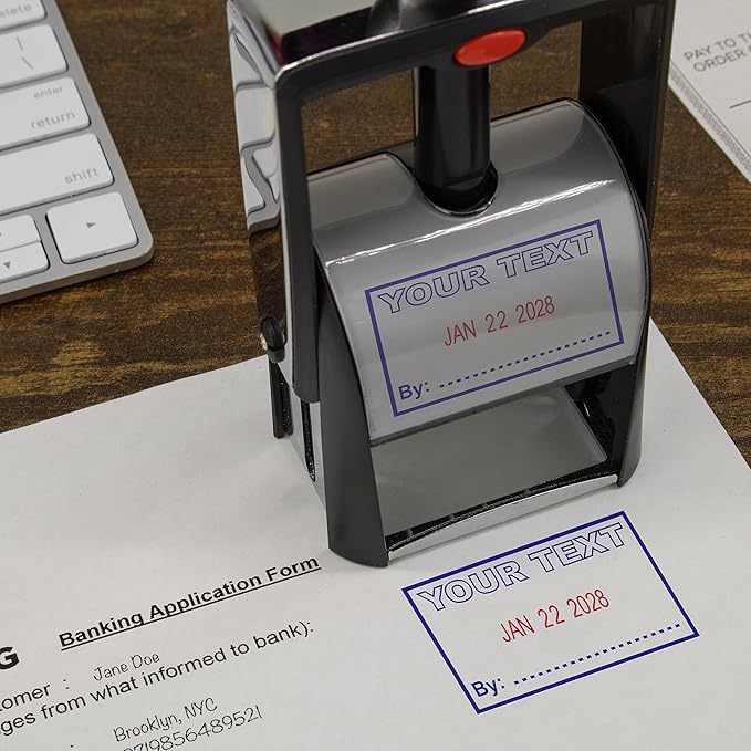 MaxMark Heavy Duty Self Inking Date Stamp with Phrase Entered - Blue Ink