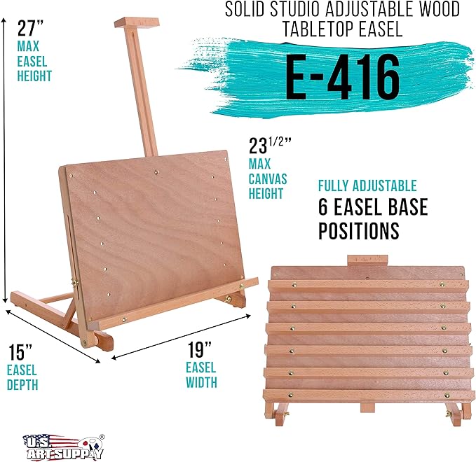 U.S. Art Supply Cancun Solid Wooden Tabletop Easel - Artist Studio Desktop Drawing Table, Portable Drafting Table, Adjustable Art Board, Tabletop Easel for Painting, Holds Up to 23" Canvas, Beechwood
