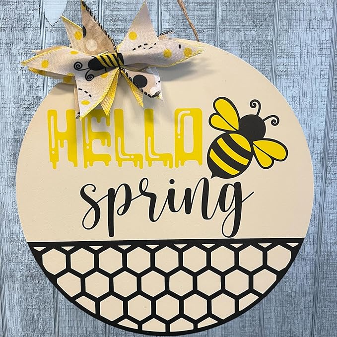 Wood front door sign Wood sign Home decor Welcome sign Sign for front door House warming gift Wedding gift (Spring Bee-UV010(NC) P002, 15" Width)