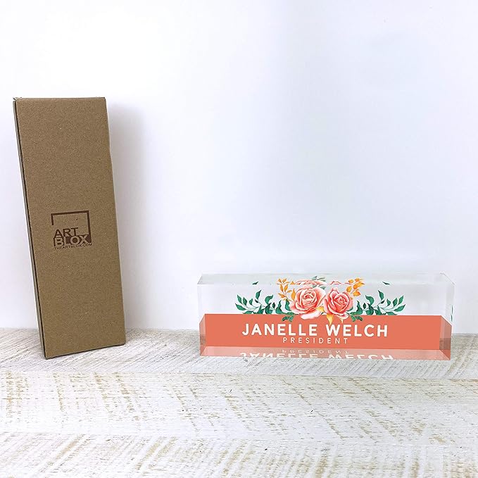 Artblox Office Desk Name Plate Personalized | Custom Name Plates for Desks | Orange Roses Design On Clear Acrylic Glass | Cute Office Desk Accessories Customized Gifts - (8" x 2.5").