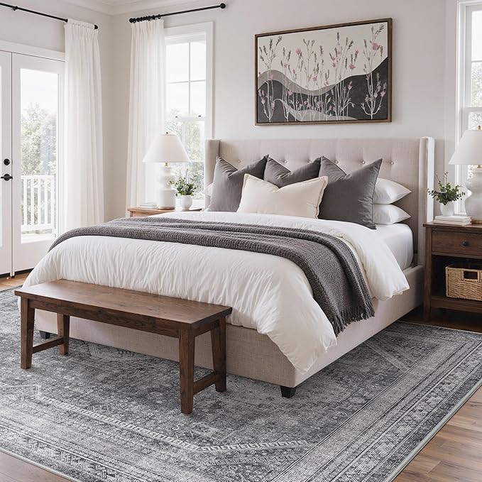 GENIMO 6x9 Area Rugs for Living Room, Machine Washable Non Slip Rugs, Low Pile Lightweight Print Rug for Bedroom, Dining Room, Home Office, Vintage Grey