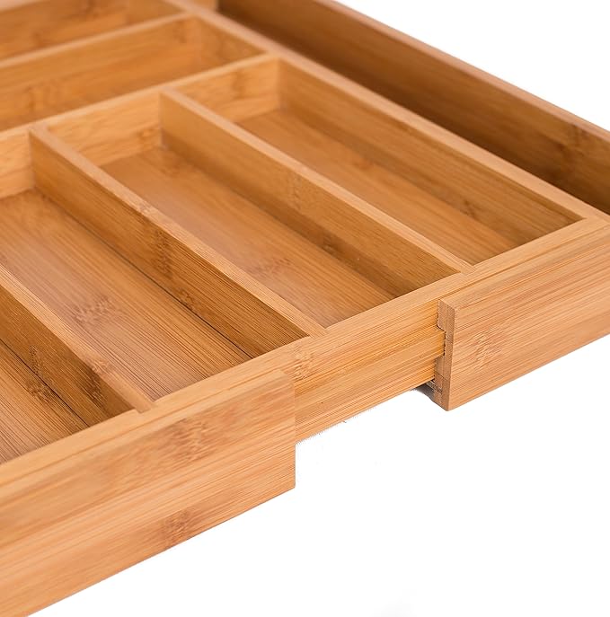 BIRDROCK HOME Bamboo Expandable Utility Drawer Organizer – Utensil Silverware – Spoon Knife Fork – 17.5 Inch – Large – Natural Wood – Tray – Adjustable Kitchen Organization