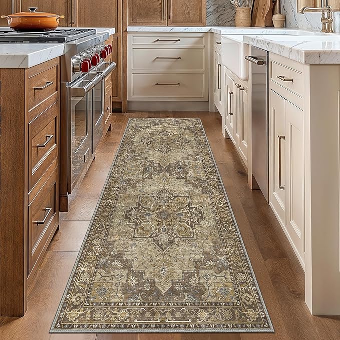GENIMO 2'6''x8 Runner Rugs for Hallway, Machine Washable Non Slip Vintage Rugs, Low Pile Lightweight Soft Print Rug for enrtyway, Corridor, Home Office, Kitchen, Rustic Brown