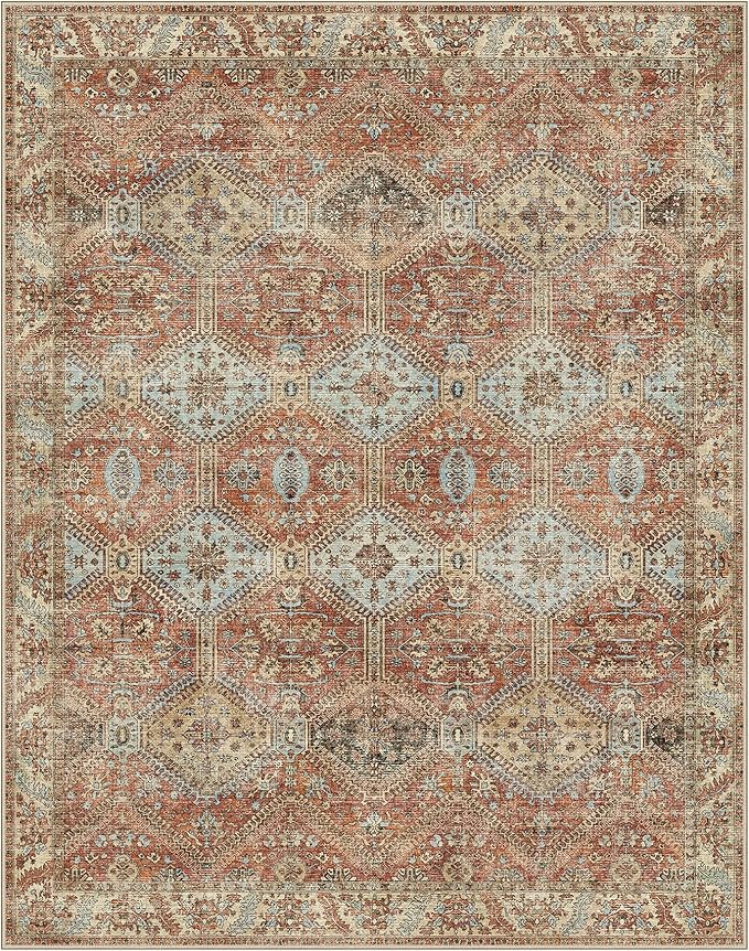 GENIMO 6x9 Area Rugs for Living Room, Machine Washable Non Slip Rugs, Low Pile Lightweight Print Rug for Bedroom, Dining Room, Home Office, Vintage Brick Red