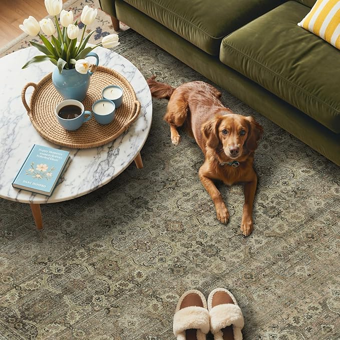 GENIMO 2x10 Runner Rugs for Hallway, Machine Washable Non Slip Vintage Rugs, Low Pile Lightweight Soft Print Rug for enrtyway, Corridor, Home Office, Kitchen, Green Khaki