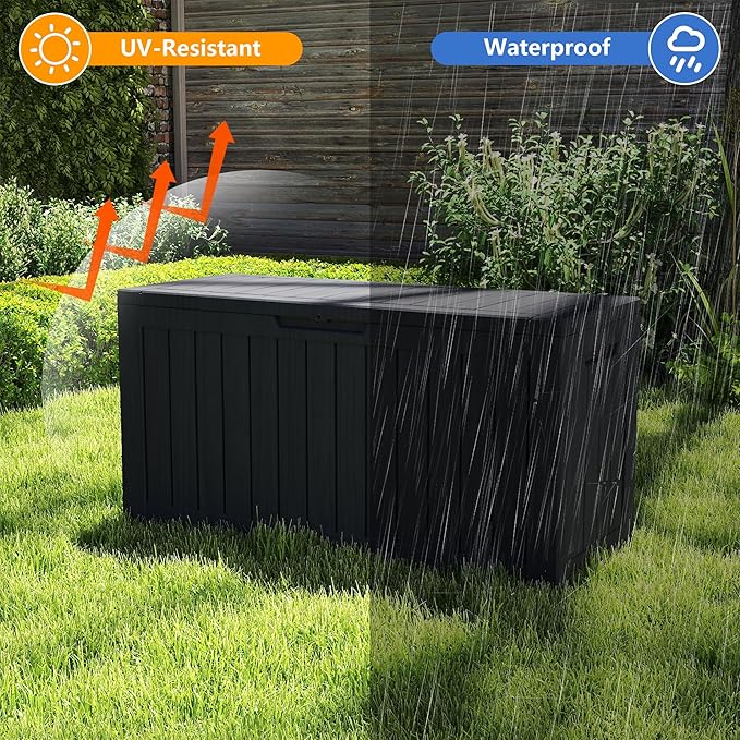 Yardgrace 100 Gallon Outdoor Storage Box Waterproof, Resin Deck Boxes with Lockable Lid & UV-Resistant for Patio, Pool, Garden Furniture Cushions & Accessories, Black