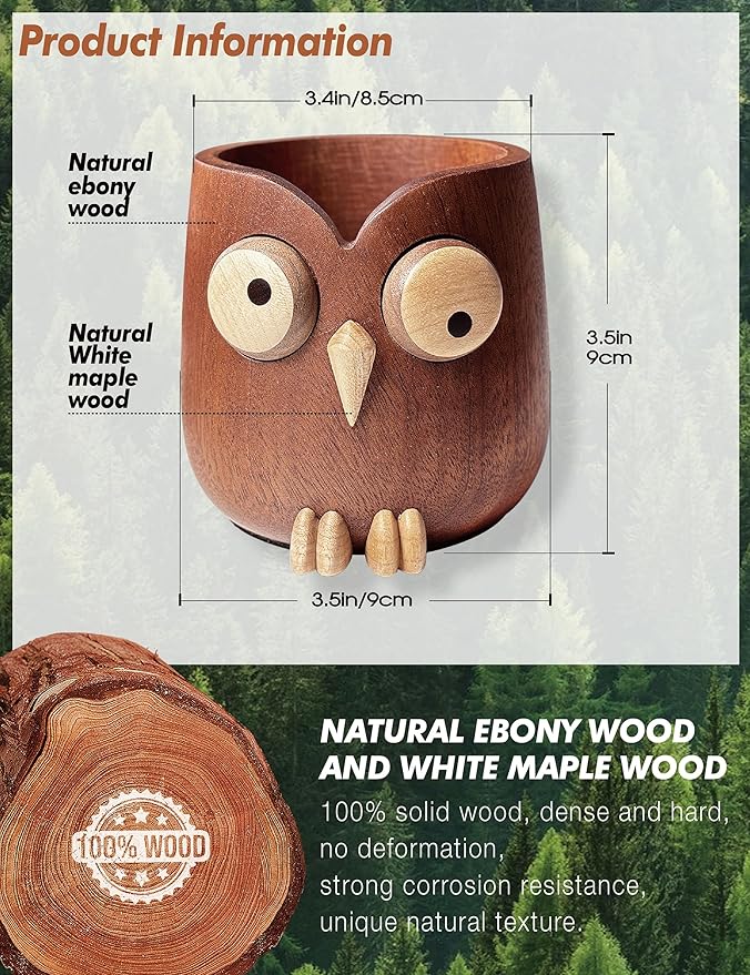 WODTILIFE Cute Owl Pen Holder for desk and walnut Phone Stand, Fun ebony pencil holder, magnetic rotating eyes, Single solid wood hollow design, for Office accessories School Home and Holiday Gifts.