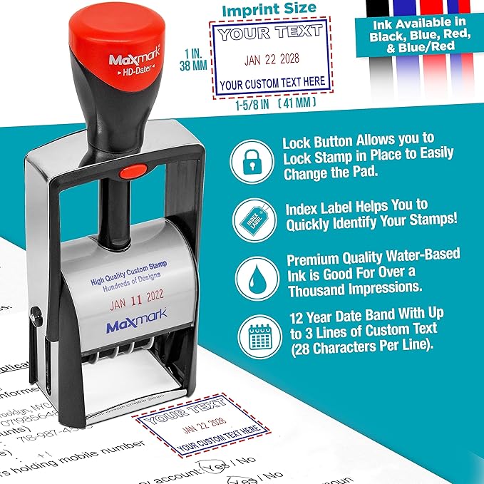 MaxMark Heavy Duty Self Inking Date Stamp with Phrase Approved - Red Ink