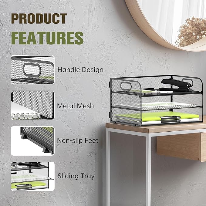 Daltrack 3-Tier Mesh Desk Organizer with Handle - Paper Tray Organizer for A4 Files, Black 2 Pack