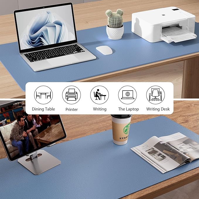 Aothia Leather Desk Pad Protector, Office Desk Mat, Large Mouse Pad, Non-Slip PU Leather Desk Blotter, Laptop Desk Pad, Waterproof Desk Writing Pad for Office and Home (48"x17", Denim Blue)
