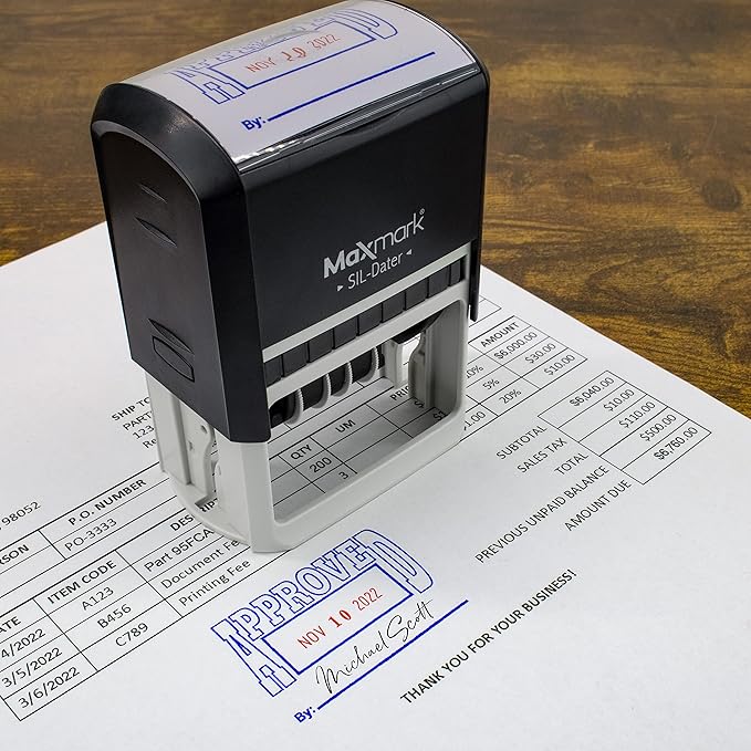 MaxMark Large Self-Inking Rubber Date Office Stamp with Posted Phrase & Date - Black Ink, 12-Year Band - Style 3