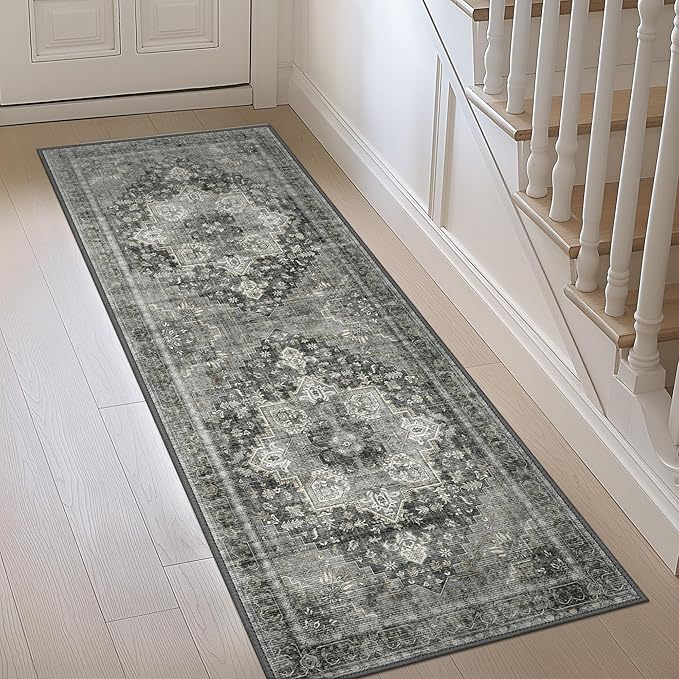 GENIMO 2x4 Runner Rugs for Hallway, Machine Washable Non Slip Vintage Rugs, Low Pile Lightweight Soft Print Rug for enrtyway, Corridor, Home Office, Kitchen, Charcoal Gray