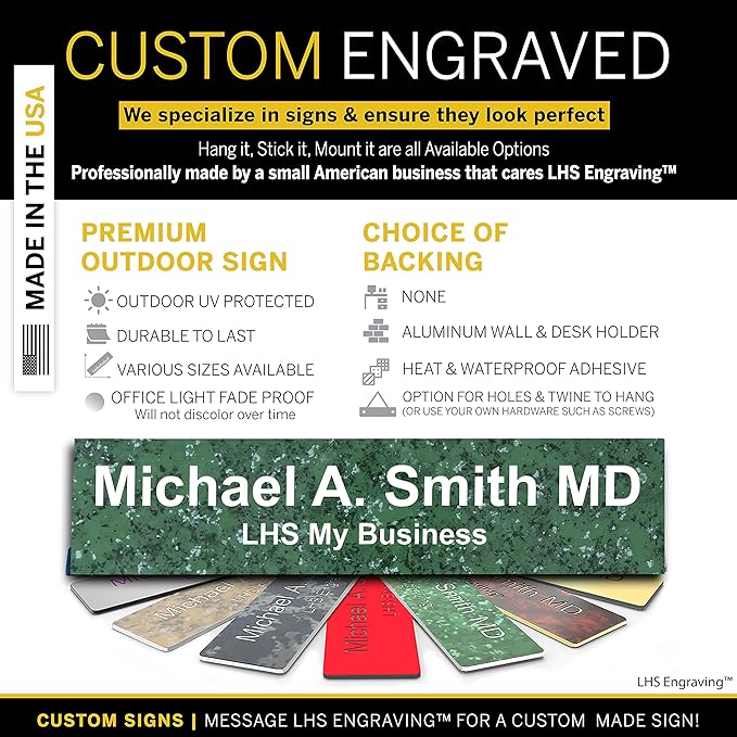 Engraved Name Plates for Door Sign Personalized Green Marble Plastic Plaque with White Letters - Made in USA 2x12 S4