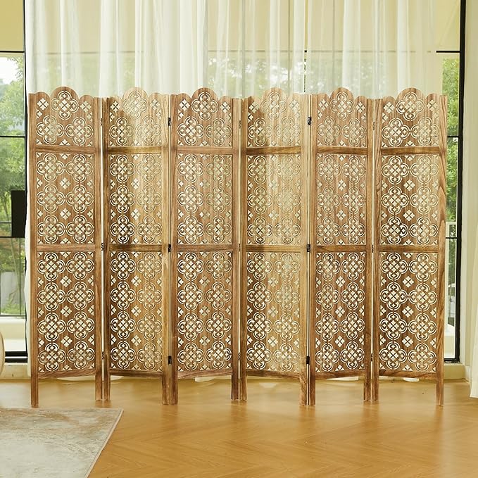 68.9Inch Folding Room Divider, 6 Panels Wood Carved Privacy Screens, Free Assembled Privacy Screen Decorative Partition for Home Office Restaurant (Dark Brown)