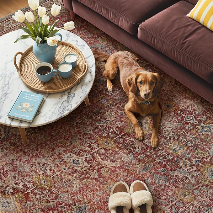 GENIMO 6x9 Area Rugs for Living Room, Machine Washable Non Slip Vintage Rugs, Low Pile Lightweight Chenille Print Rug for Bedroom, Dining Room, Home Office, Mocha Brick