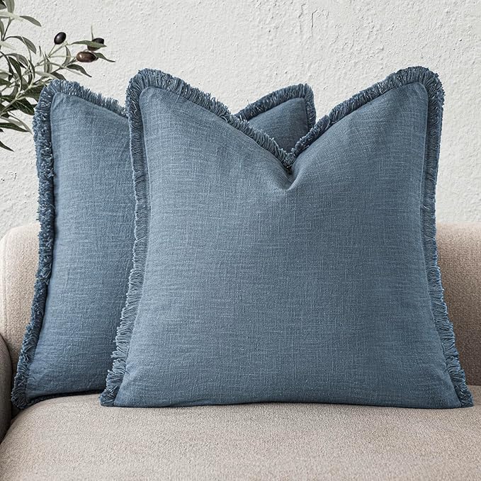 Foindtower Set of 2 Decorative Linen Fringe Throw Pillow Covers Cozy Boho Farmhouse Cushion Cover with Tassels Soft Accent Pillowcase for Couch Sofa Bed Living Room Home Decor, 16×16 Inch, Misty Blue