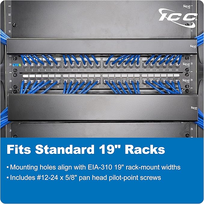 ICC 1U Ring Cable Manager Panel with Cover, Metal, 3" D-Rings, Horizontal Cable Management, Rackmount for 19” Network Racks, Black, 6-Pack