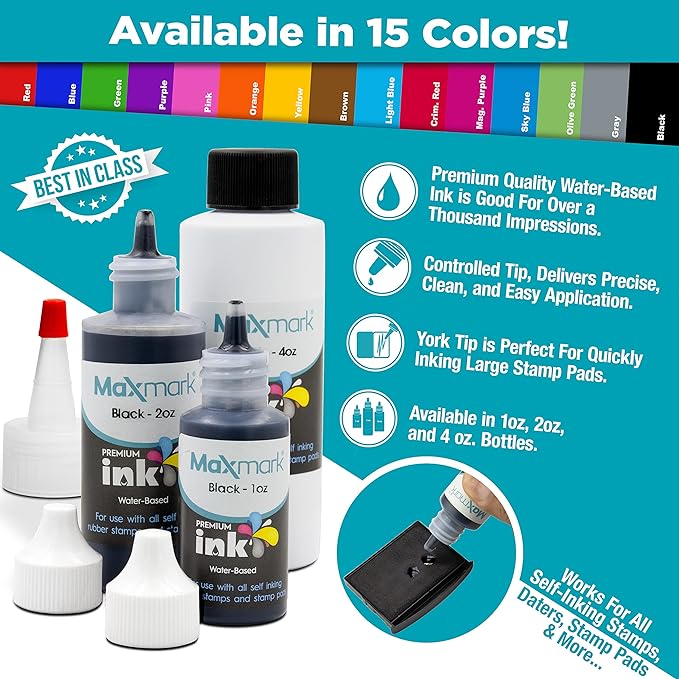 MaxMark Premium Refill Ink with Control Tip Bottle for Self-Inking Stamps, Green Color - 1 oz.
