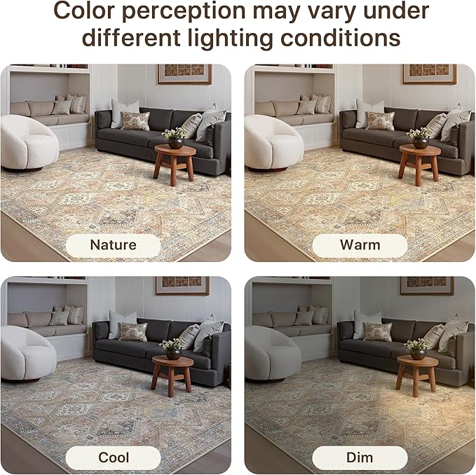 GENIMO 6x9Area Rugs for Living Room, Machine Washable Non Slip Vintage Rugs, Low Pile Lightweight Print Rug for Bedroom, Dining Room, Home Office, Warm Brown