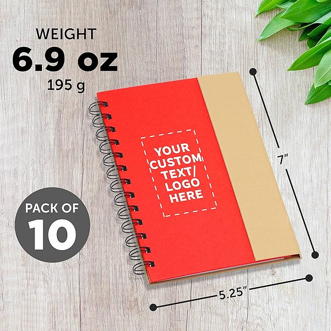 DISCOUNT PROMOS Custom Eco Friendly Spiral Notebooks with Pens Set of 10, Personalized Bulk Pack - Perfect for School, Office, Home - Red