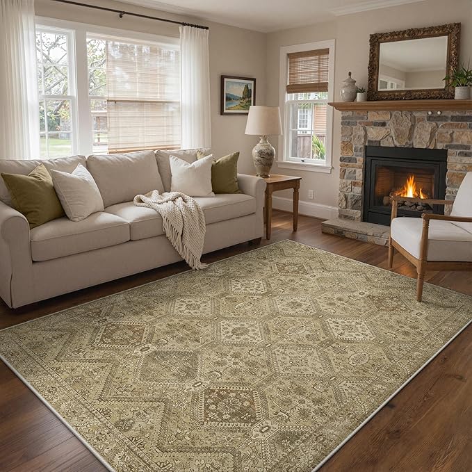 GENIMO 3x5 Area Rugs for Living Room, Machine Washable Non Slip Vintage Rugs, Low Pile Lightweight Print Rug for Bedroom, Dining Room, Home Office, Tan Brown