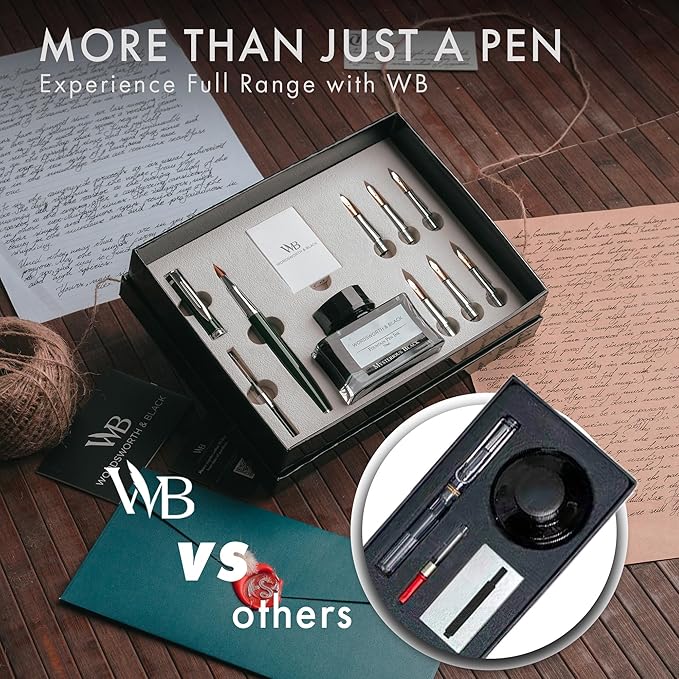 Wordsworth & Black Calligraphy Pen Gift Set, Includes Bottle, 6 Cartridges, Refill Converter, 6 Replacement Nibs, Premium Package, Journaling, Smooth Writing Pens [Green Chrome]