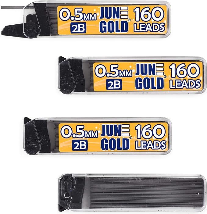 June Gold 640 Pieces, 0.5 mm 2B Lead Refills, 160 Pieces Per Dispenser, Fine Thickness, Break Resistant Lead/Graphite (Pack of 4 Dispensers)