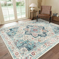 GENIMO 9x12 Area Rugs for Living Room, Machine Washable Non Slip Rugs, Low Pile Lightweight Vintage Print Rug for Bedroom, Dining Room, Home Office, Cyan/White