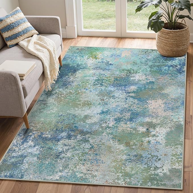 GENIMO Washable Rugs 5x7 Area Rugs for Living Room Bedroom, Modern Lightweight Rug Ultra Soft Indoor Area Rugs 5x7 for Dining Room, Low Pile Carpet with Non Slip Backing, Blue Green