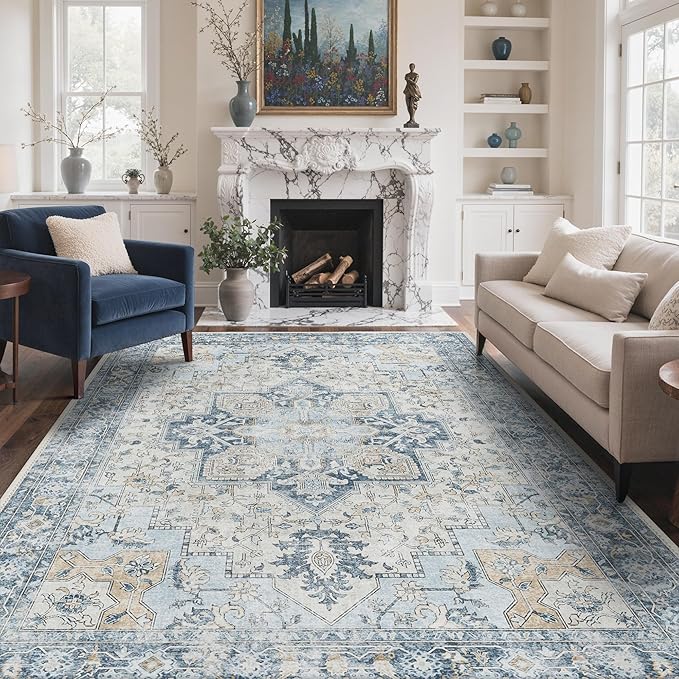 GENIMO 9x12 Area Rugs for Living Room, Machine Washable Non Slip Vintage Rugs, Low Pile Lightweight Chenille Print Rug for Bedroom, Dining Room, Home Office, Blue