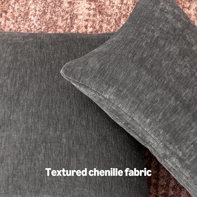 Amazon Basics Chenille Throw Pillow Covers, Home Decor Cushion Cover for Bedroom Living Room Couch Bed, 20" W × 20" L, Dark Gray