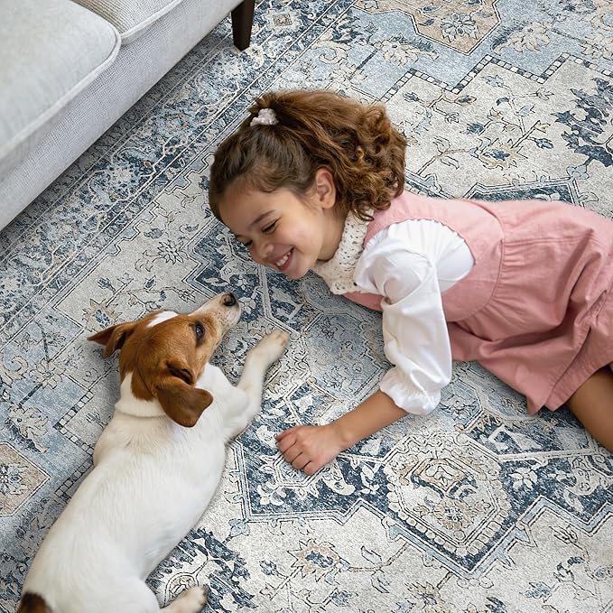 GENIMO Runner Rug 2'6"x12, Non Slip Vintage Hallway Runner Rugs, Low Pile Lightweight Machine Washable Mat for Hallway, Entryway, Bedroom, Kitchen and Corridor, Blue
