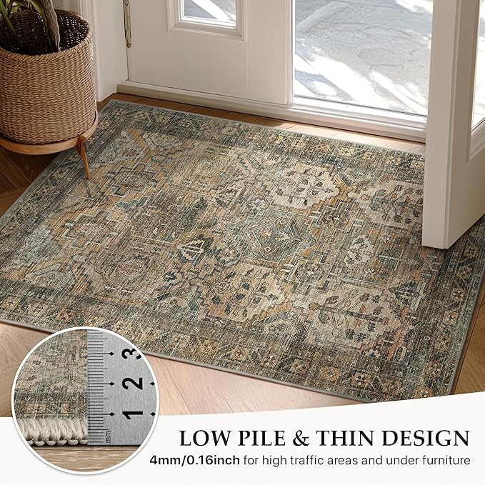 GENIMO 6x9 Area Rugs for Living Room, Machine Washable Non Slip Vintage Rugs, Low Pile Lightweight Chenille Print Rug for Bedroom, Dining Room, Home Office, Warm Taupe