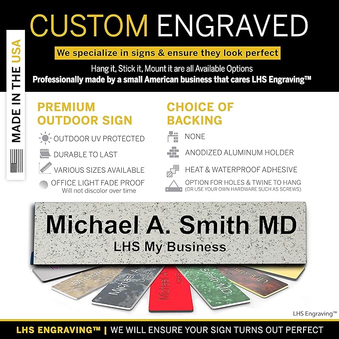 Custom Name Plate with Choice of Mounting for Walls, Doors, Cubicles, Hanging and More - Personalized Solarious Stone Plastic Black Letters - USA Made 2x12 - S3
