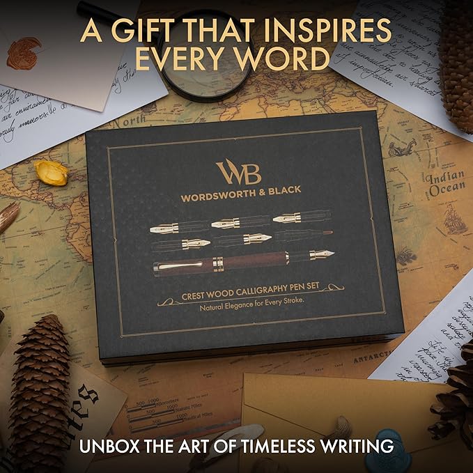 Wordsworth & Black Calligraphy Pen Gift Set, Includes Ink Bottle, 6 Ink Cartridges, Ink Refill Converter, 6 Replacement Nibs, Luxury Bamboo, Journaling, Smooth Writing Pens [Rosewood]