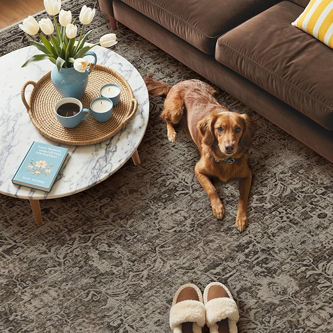 GENIMO 8x10 Area Rug Machine Washable Boho Rug for Living Room,Ultra-Thin Low Pile Carpet,Lightweight Indoor Printed Rug,Non Slip Floral Area Rug for Bedroom, Dining Room, Home Office,Brownish Green