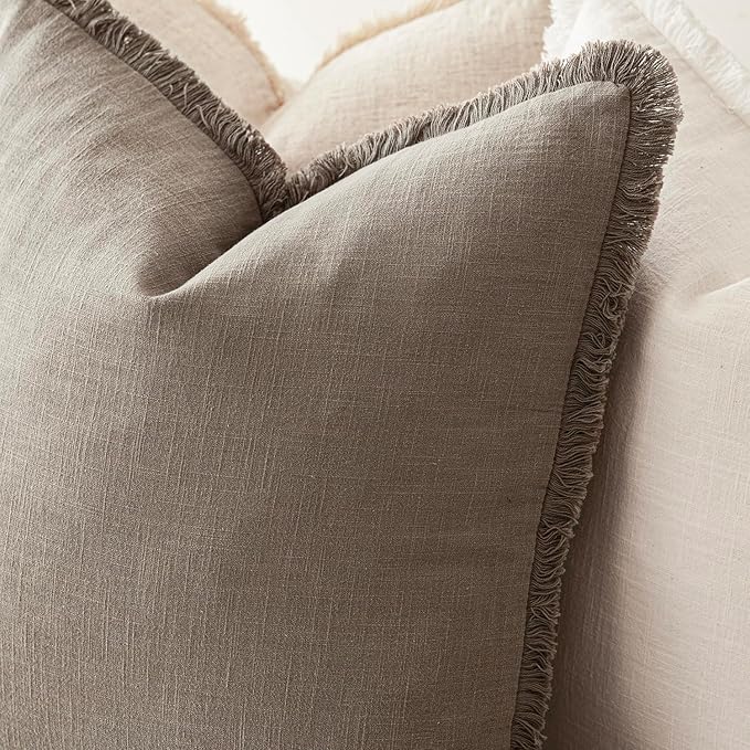 Foindtower Set of 2 Decorative Linen Fringe Throw Pillow Covers Boho Farmhouse Cushion Cover with Tassels Accent Pillowcase for Couch Chair Sofa Bed Living Room Home Decor,16×16 Inch,Brown Tan